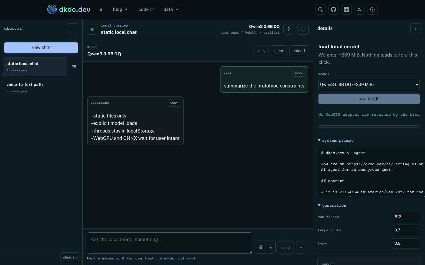 /ai app in aurora theme with a restored local chat