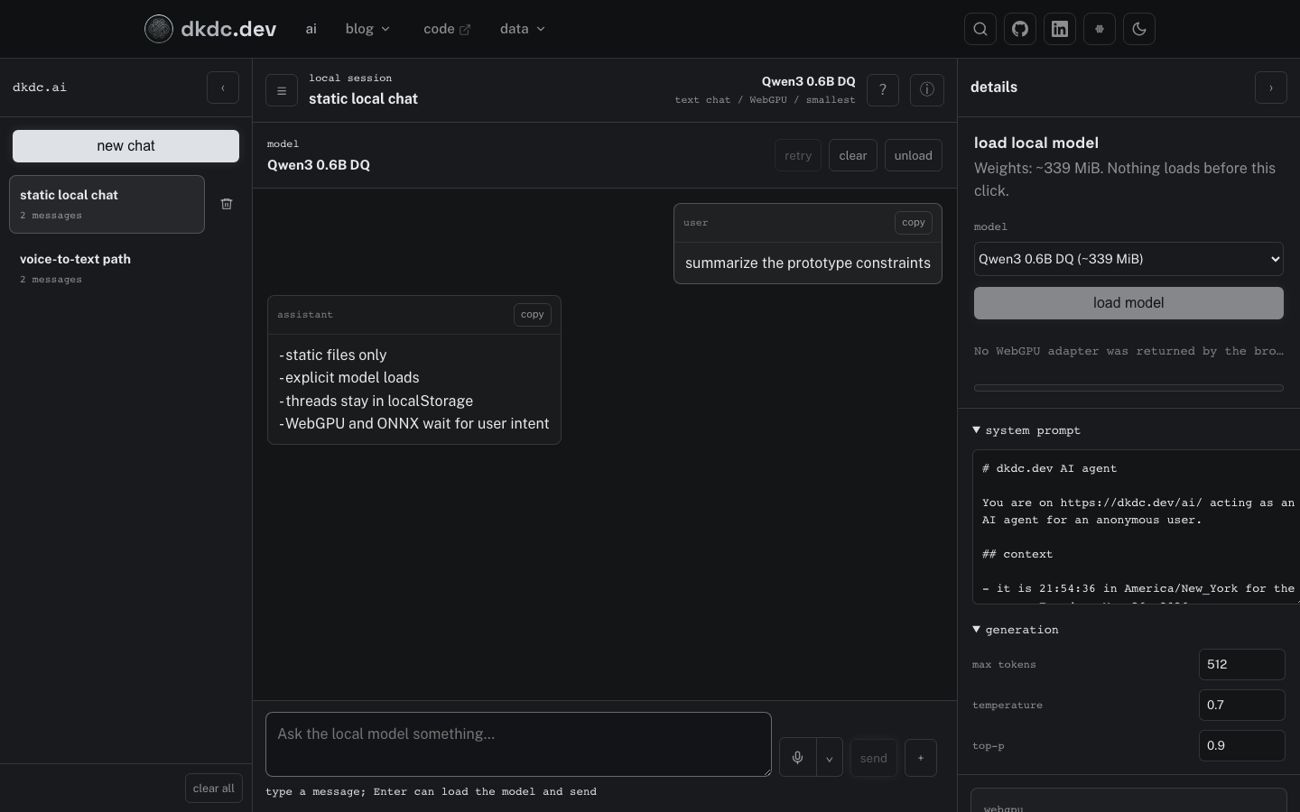 /ai app in boring theme with a restored local chat