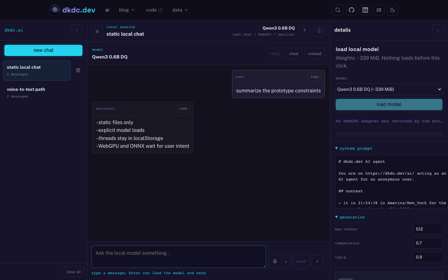 /ai app in code-y theme with a restored local chat